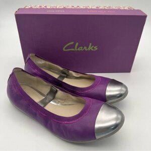 Clark's Junior Sz 4.5/EU 37 Dance Brite Purple Leather Metallic Ballet F…